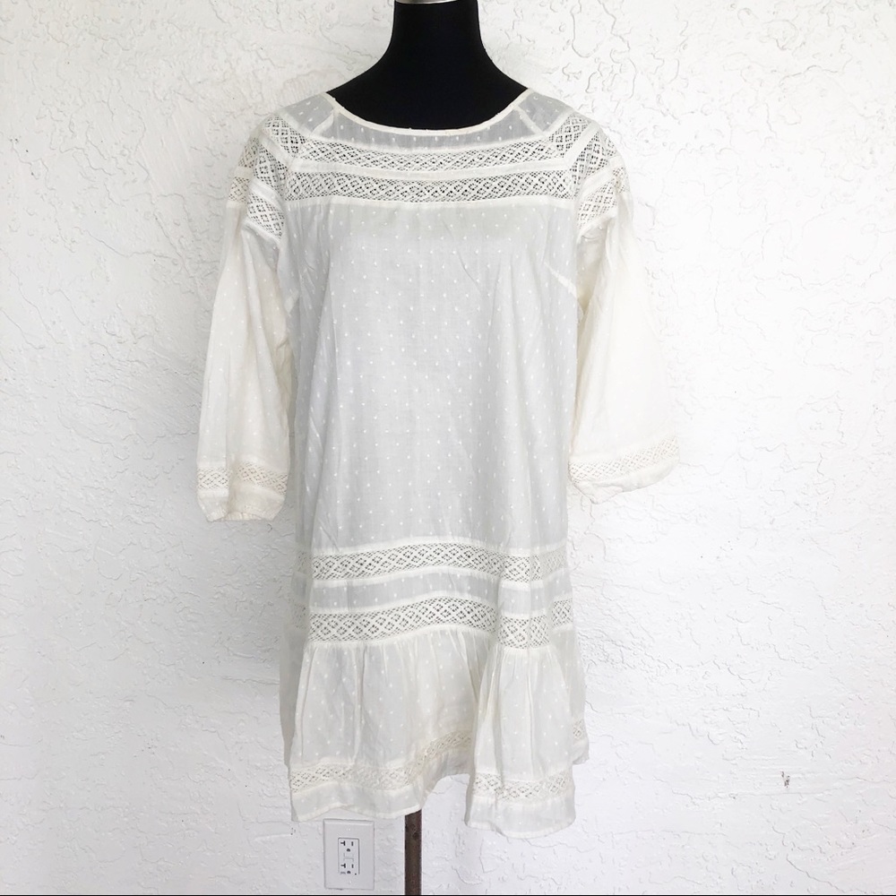 Lucky Brand Dress Boho Summer Lace Peasant 100% Cotton Dress